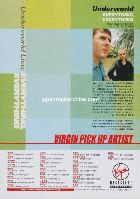 Underworld Everything, Everything October 2000 Japanese magazine CD and DVD promo ad in green and blue, Virgin Pick Up Artist campaign