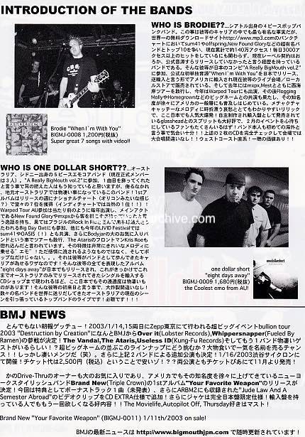 Brodie / One Dollar Short 2003 Japan tour concert gig flyer handbill