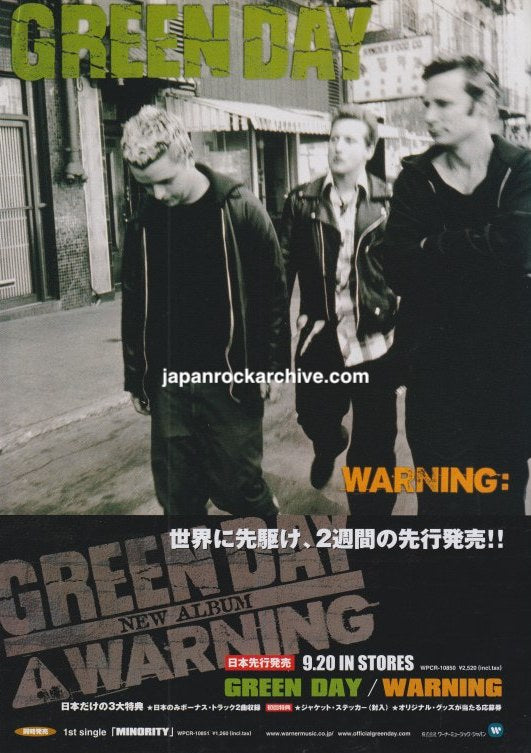 Green Day Warning October 2000 Japanese magazine promo ad with band street photograph and Minority single promotion