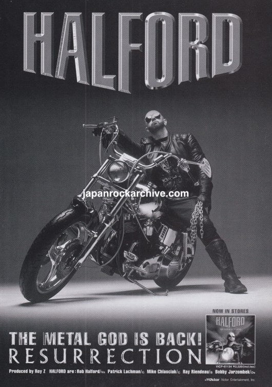 Halford Resurrection October 2000 Japanese magazine promo ad in black and white, featuring Rob Halford with a motorcycle.