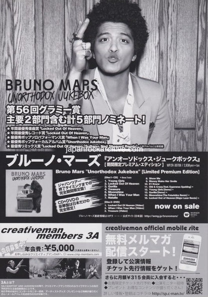 Bruno Mars 2014 Japan tour concert gig flyer handbill