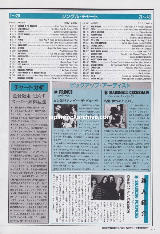 Primus / Marshall Crenshaw / The Smashing Pumpkins 1991/08 Japanese music press cutting clipping - article